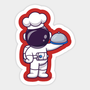 Cute Astronaut Chef Holding Cloche Food Plate Cartoon Sticker